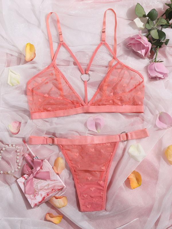 Plus Heart Print Mesh Ring Linked Lingerie Set - INS | Online Fashion Free Shipping Clothing, Dresses, Tops, Shoes