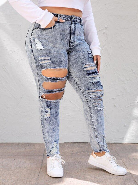 Plus High-Rise Ripped Jeans - INS | Online Fashion Free Shipping Clothing, Dresses, Tops, Shoes
