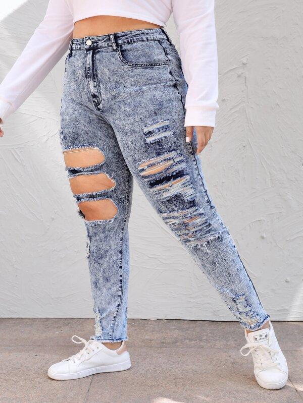 Plus High-Rise Ripped Jeans - INS | Online Fashion Free Shipping Clothing, Dresses, Tops, Shoes