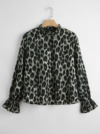 Plus Leopard Print Frill Neck Blouse - INS | Online Fashion Free Shipping Clothing, Dresses, Tops, Shoes