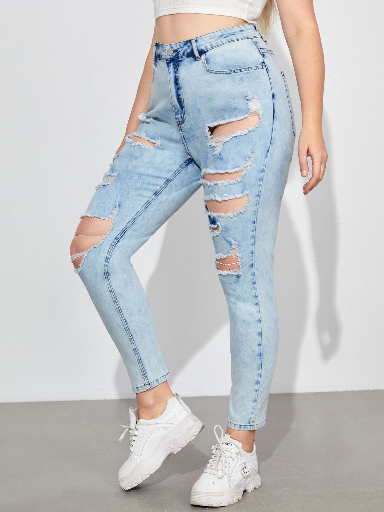 Plus Pearl Beaded Ripped Skinny Jeans Without Belt - INS | Online Fashion Free Shipping Clothing, Dresses, Tops, Shoes