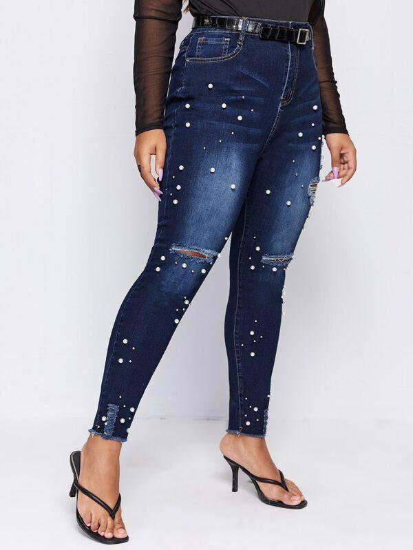 Plus Pearl Beaded Ripped Skinny Jeans Without Belt - INS | Online Fashion Free Shipping Clothing, Dresses, Tops, Shoes