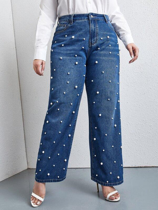 Plus Pearls Beaded Slant Pocket Straight Jeans - INS | Online Fashion Free Shipping Clothing, Dresses, Tops, Shoes