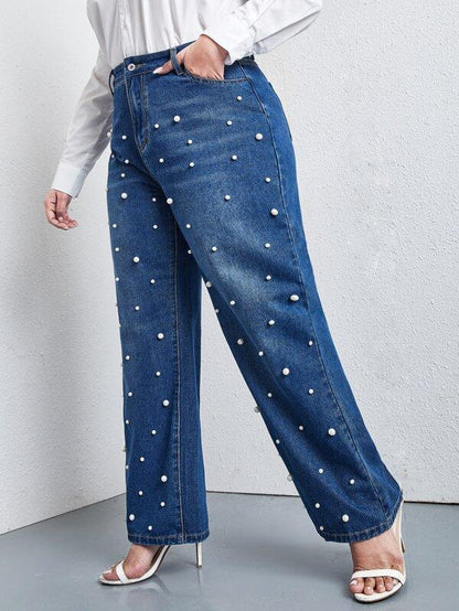Plus Pearls Beaded Slant Pocket Straight Jeans - INS | Online Fashion Free Shipping Clothing, Dresses, Tops, Shoes