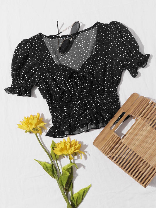 Plus Polka Dot Shirred Milkmaid Top - INS | Online Fashion Free Shipping Clothing, Dresses, Tops, Shoes