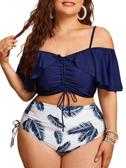 Plus Size Strappy Ruffled Drawstring Two-piece Swimsuit - Plus Swimsuits - INS | Online Fashion Free Shipping Clothing, Dresses, Tops, Shoes - 22/04/2021 - Color_Multicolor - Plus Swimsuits