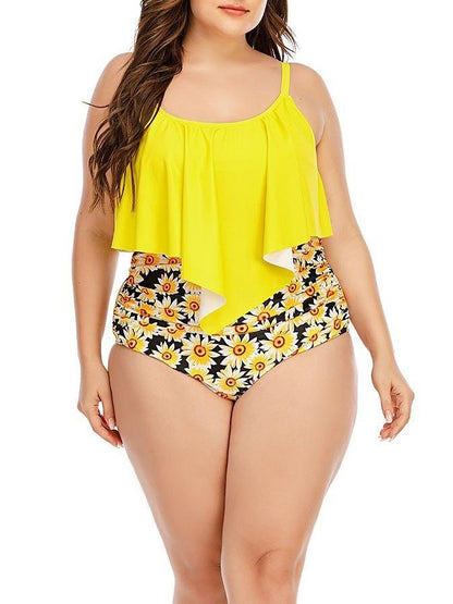 Plus Size Sunflower Printed Swimsuit High Waist Two-piece Swimsuit - Plus Swimsuits - INS | Online Fashion Free Shipping Clothing, Dresses, Tops, Shoes - 22/04/2021 - Color_Black - Color_Yellow