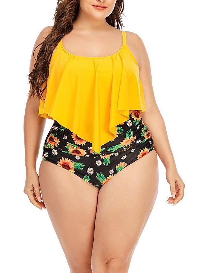 Plus Size Sunflower Printed Swimsuit High Waist Two-piece Swimsuit - Plus Swimsuits - INS | Online Fashion Free Shipping Clothing, Dresses, Tops, Shoes - 22/04/2021 - Color_Black - Color_Yellow