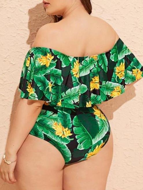 Plus Size Tropical Print Off-shoulder One-piece Swimsuit - Plus Swimsuits - INS | Online Fashion Free Shipping Clothing, Dresses, Tops, Shoes - 22/04/2021 - Color_Green - Plus Swimsuits