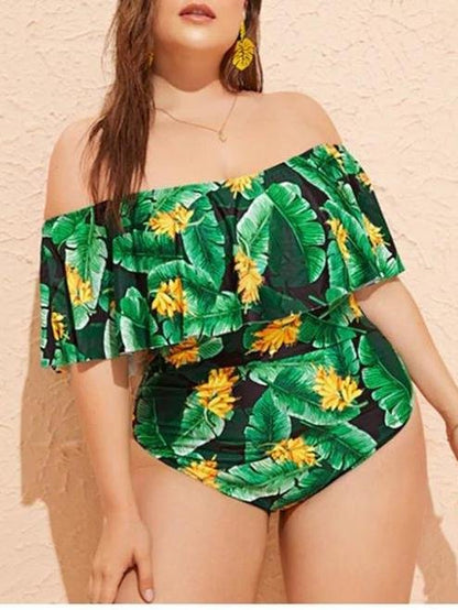 Plus Size Tropical Print Off-shoulder One-piece Swimsuit - Plus Swimsuits - INS | Online Fashion Free Shipping Clothing, Dresses, Tops, Shoes - 22/04/2021 - Color_Green - Plus Swimsuits