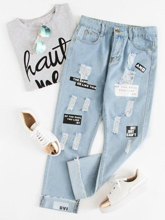 Plus Slogan Graphic Ripped Boyfriend Jeans - INS | Online Fashion Free Shipping Clothing, Dresses, Tops, Shoes