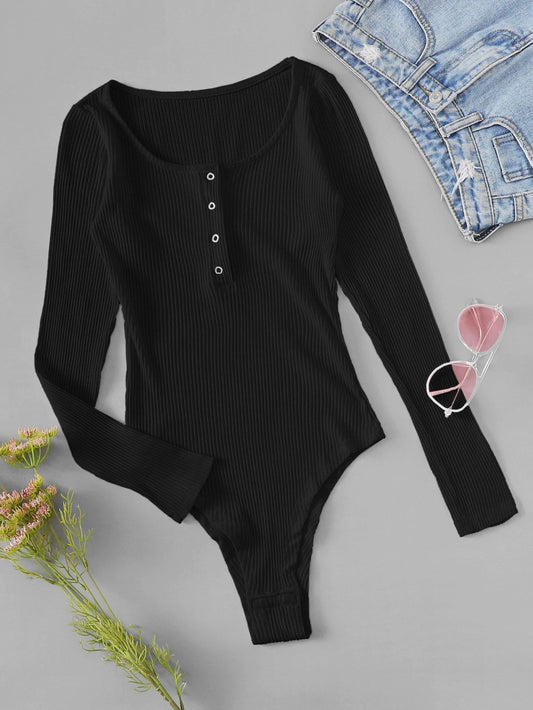 Plus Snap Front Rib-knit Bodysuit - INS | Online Fashion Free Shipping Clothing, Dresses, Tops, Shoes