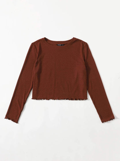 Plus Solid Lettuce Trim Rib-knit Top - INS | Online Fashion Free Shipping Clothing, Dresses, Tops, Shoes