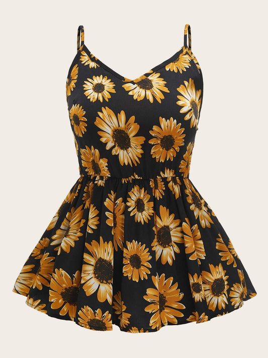 Plus Sunflower Print Ruffle Hem Cami Top - INS | Online Fashion Free Shipping Clothing, Dresses, Tops, Shoes