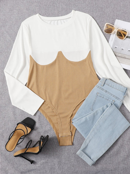 Plus Two Tone Round Neck Tee Bodysuit - INS | Online Fashion Free Shipping Clothing, Dresses, Tops, Shoes