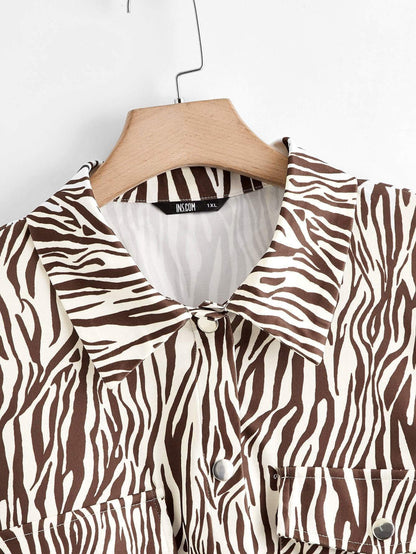 Plus Zebra Stripe Flap Pockets Jacket - Plus Jacket - INS | Online Fashion Free Shipping Clothing, Dresses, Tops, Shoes - 01/27/2021 - 0XL - 1XL