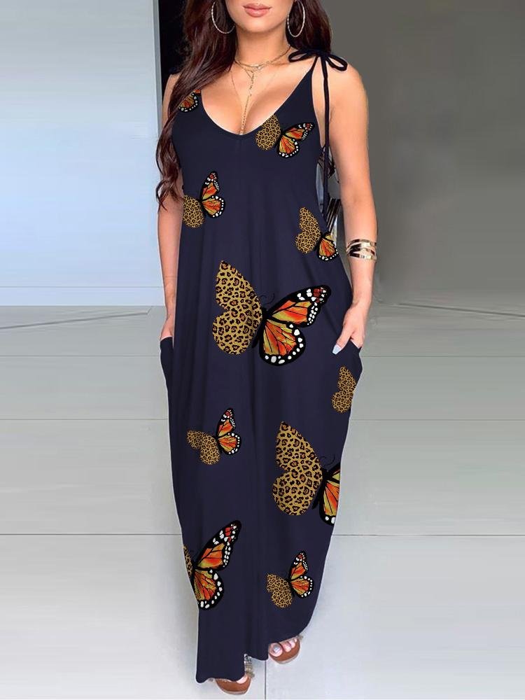 Pocket Design Butterfly Cheetah Print Maxi Dress - Maxi Dresses - INS | Online Fashion Free Shipping Clothing, Dresses, Tops, Shoes - 28/04/2021 - Category_Maxi Dresses - Color_Black