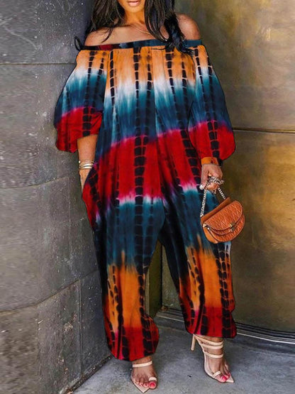 Pocket Design Lantern Sleeve Tie Dye Print Off Shoulder Jumpsuit - Jumpsuits & Rompers - INS | Online Fashion Free Shipping Clothing, Dresses, Tops, Shoes - 29/04/2021 - Color_Hot Pink - Color_Red