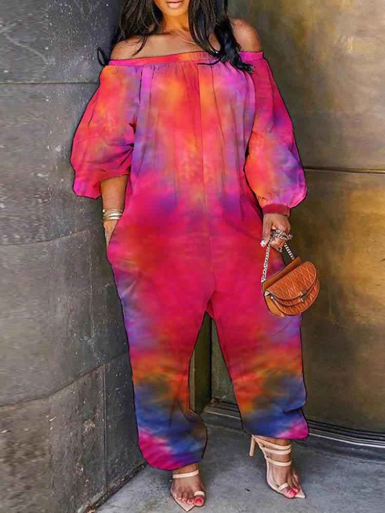 Pocket Design Lantern Sleeve Tie Dye Print Off Shoulder Jumpsuit - Jumpsuits & Rompers - INS | Online Fashion Free Shipping Clothing, Dresses, Tops, Shoes - 29/04/2021 - Color_Hot Pink - Color_Red