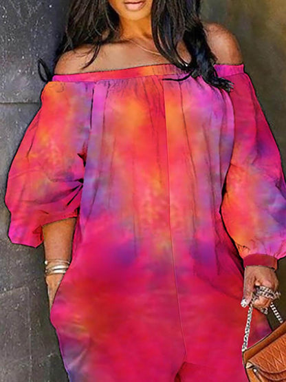 Pocket Design Lantern Sleeve Tie Dye Print Off Shoulder Jumpsuit - Jumpsuits & Rompers - INS | Online Fashion Free Shipping Clothing, Dresses, Tops, Shoes - 29/04/2021 - Color_Hot Pink - Color_Red