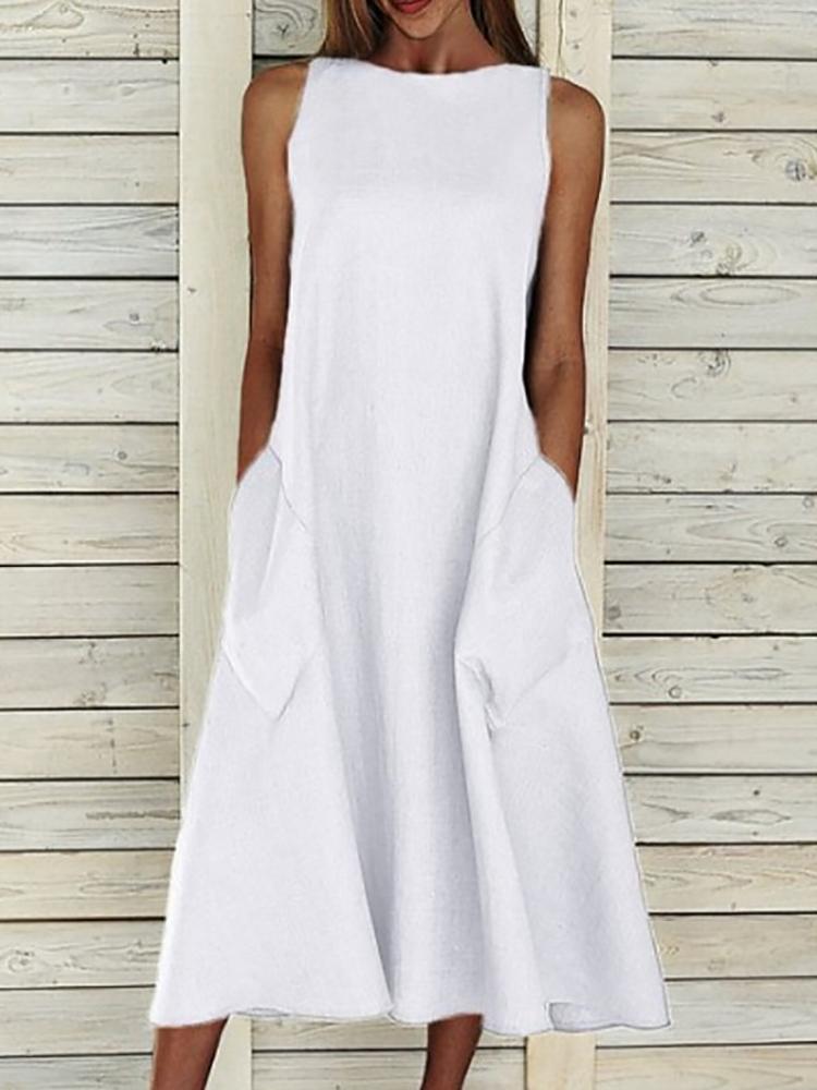 Pocket Sleeveless Casual Summer Round Neck - Midi Dresses - INS | Online Fashion Free Shipping Clothing, Dresses, Tops, Shoes - 24/04/2021 - Color_White - DRE210424863