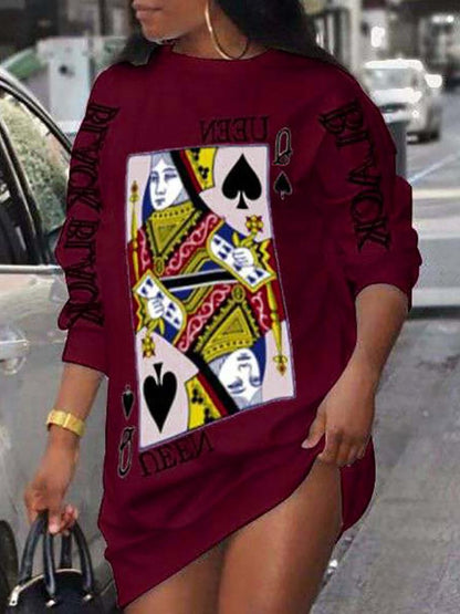 Poker Letter Print Long Sleeve Casual Dress - Casual Dresses - INS | Online Fashion Free Shipping Clothing, Dresses, Tops, Shoes - 30/04/2021 - Casual Dresses - Color_Red