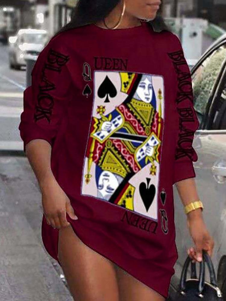Poker Letter Print Long Sleeve Casual Dress - Casual Dresses - INS | Online Fashion Free Shipping Clothing, Dresses, Tops, Shoes - 30/04/2021 - Casual Dresses - Color_Red