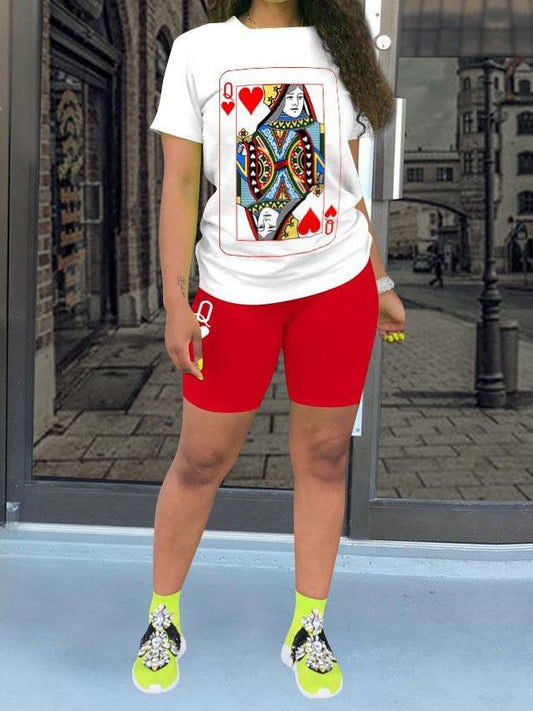 Poker Print O Neck Red Two-piece Shorts Set - Two-piece Outfits - INS | Online Fashion Free Shipping Clothing, Dresses, Tops, Shoes - 23/04/2021 - BLO210423236 - Color_White