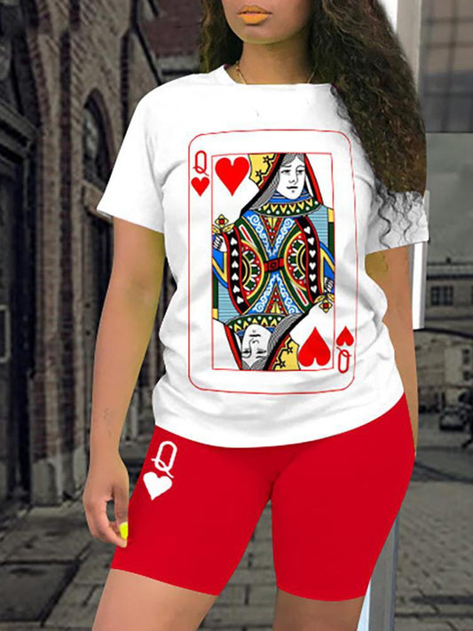 Poker Print Short Sleeve Top & Shorts Set - Two-piece Outfits - INS | Online Fashion Free Shipping Clothing, Dresses, Tops, Shoes - 05/05/2021 - Category_Two-piece Outfits - Color_Red