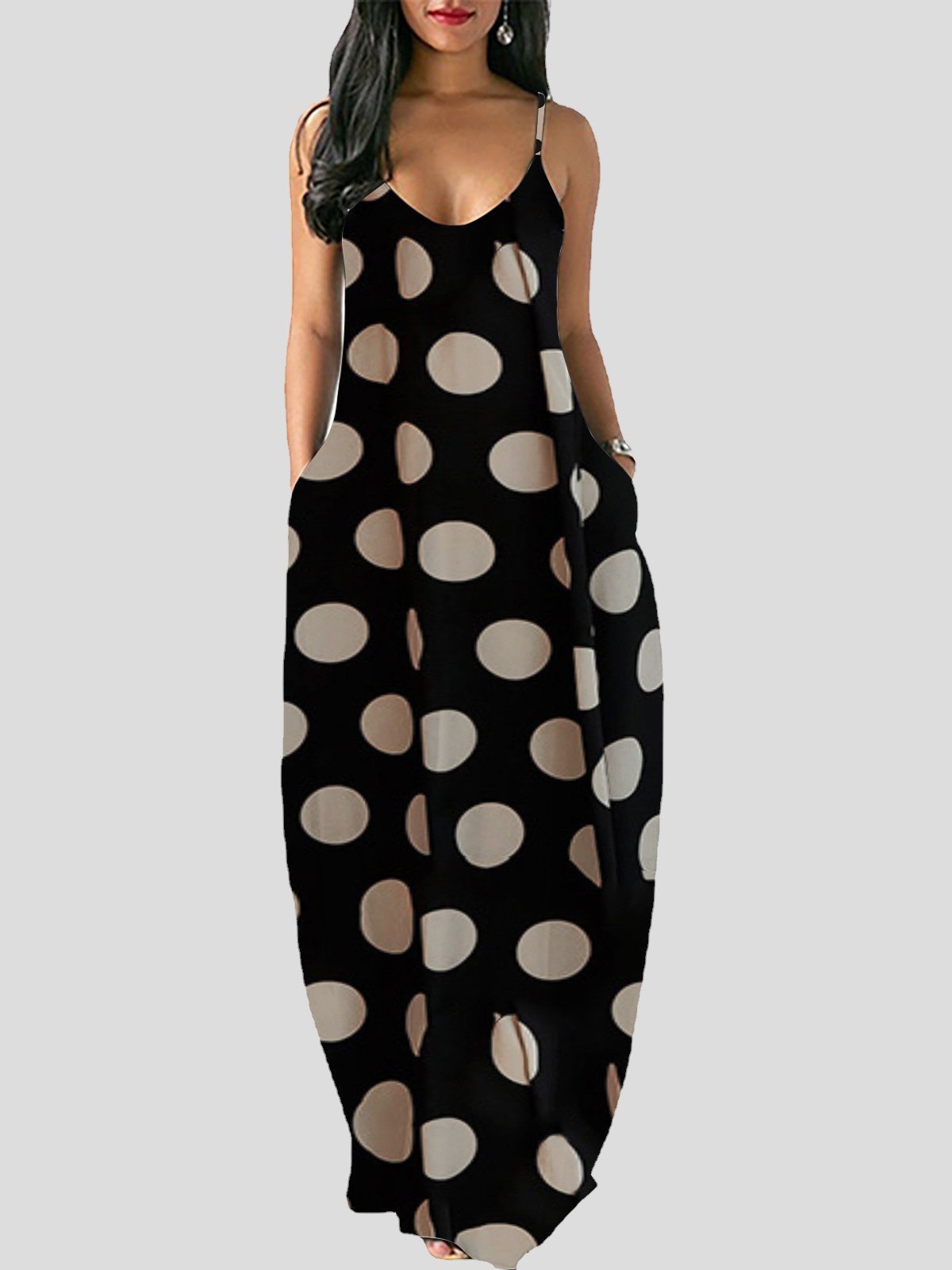 Polka Dot Deep V-neck Sling Mopping Skirt - Maxi Dresses - INS | Online Fashion Free Shipping Clothing, Dresses, Tops, Shoes - 07/07/2021 - 20-30 - color-apricot