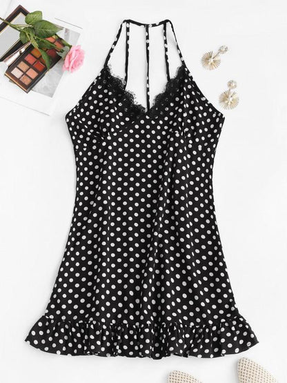 Polka Dot Eyelash Lace Trim Strappy Back Nightdress - Mini Dresses - INS | Online Fashion Free Shipping Clothing, Dresses, Tops, Shoes - 02/18/2021 - Black - Color_Black