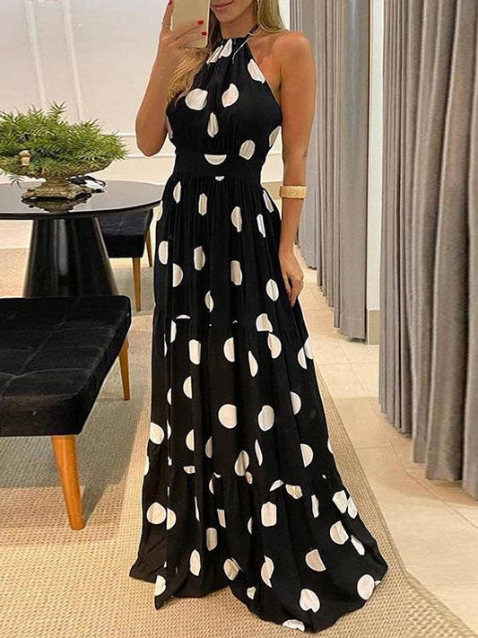 Polka Dot Halterneck Sleeveless Tunic Dress - Maxi Dresses - INS | Online Fashion Free Shipping Clothing, Dresses, Tops, Shoes - 08/06/2021 - Category_Maxi Dresses - Color_Black