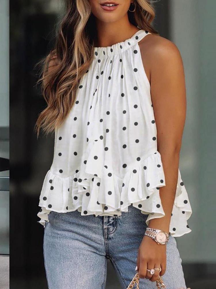 Polka Dot Print Halterneck Loose Tank Top - Tanks - INS | Online Fashion Free Shipping Clothing, Dresses, Tops, Shoes - 04/06/2021 - Category_Tanks - Color_White