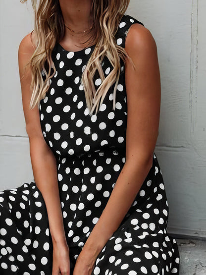 Maxi Dresses - Polka Dot Print Round Neck Casual Dress - MsDressly