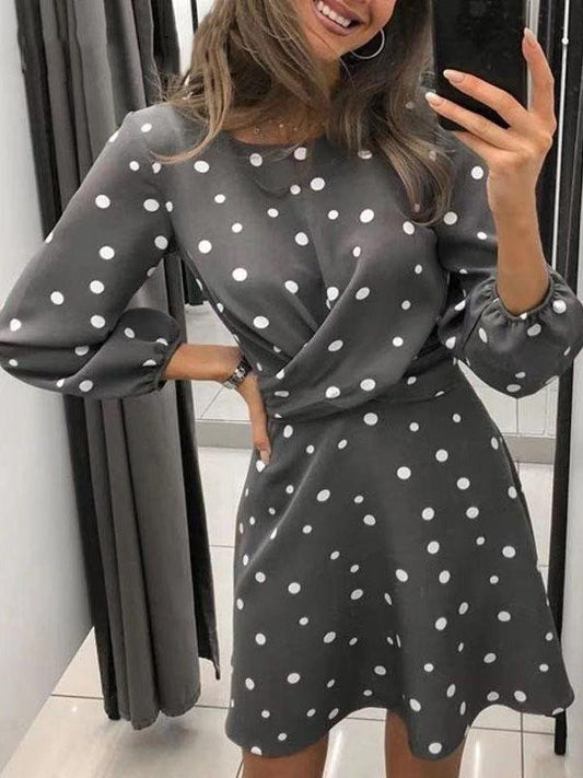 Polka Dot Print Round Neck Long Sleeve Dress - Mini Dresses - INS | Online Fashion Free Shipping Clothing, Dresses, Tops, Shoes - 14/07/2021 - 20-30 - Category_Mini Dresses