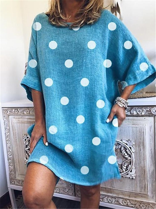 Polka Dot Print Round Neck Loose Short Sleeve Dress - Mini Dresses - INS | Online Fashion Free Shipping Clothing, Dresses, Tops, Shoes - 19/07/2021 - 20-30 - Category_Mini Dresses