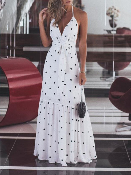 Polka Dot Print Ruffled Belt Dress - Maxi Dresses - INS | Online Fashion Free Shipping Clothing, Dresses, Tops, Shoes - 03/07/2021 - 20-30 - color-black