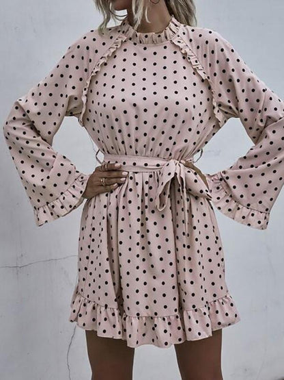 Polka Dot Ruffle Trim Belted A-Line Dress - Dresses - INS | Online Fashion Free Shipping Clothing, Dresses, Tops, Shoes - 01/30/2021 - Casual Dresses - Color_Pink