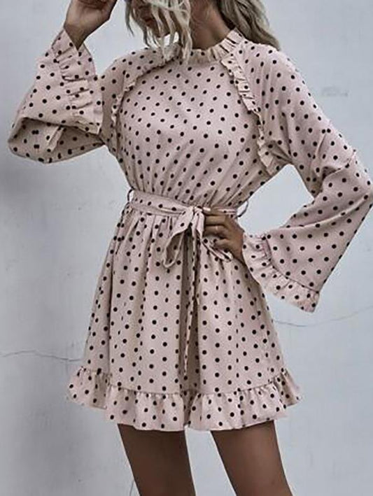 Polka Dot Ruffle Trim Belted A-Line Dress - Dresses - INS | Online Fashion Free Shipping Clothing, Dresses, Tops, Shoes - 01/30/2021 - Casual Dresses - Color_Pink