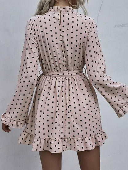 Polka Dot Ruffle Trim Belted A-Line Dress - Dresses - INS | Online Fashion Free Shipping Clothing, Dresses, Tops, Shoes - 01/30/2021 - Casual Dresses - Color_Pink