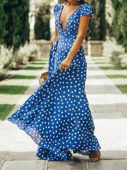 Polka-Dot Short Sleeve Deep V-Neck Slit Beach Dress - Maxi Dresses - INS | Online Fashion Free Shipping Clothing, Dresses, Tops, Shoes - 02/07/2021 - 30-40 - Category_Maxi Dresses