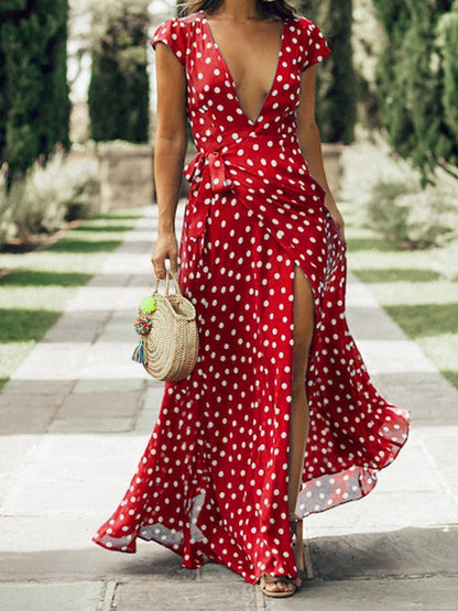 Polka-Dot Short Sleeve Deep V-Neck Slit Beach Dress - Maxi Dresses - INS | Online Fashion Free Shipping Clothing, Dresses, Tops, Shoes - 02/07/2021 - 30-40 - Category_Maxi Dresses