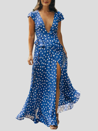 Polka-Dot Short Sleeve Deep V-Neck Slit Beach Dress - Maxi Dresses - INS | Online Fashion Free Shipping Clothing, Dresses, Tops, Shoes - 02/07/2021 - 30-40 - Category_Maxi Dresses