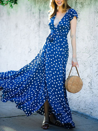 Polka-Dot Short Sleeve Deep V-Neck Slit Beach Dress - Maxi Dresses - INS | Online Fashion Free Shipping Clothing, Dresses, Tops, Shoes - 02/07/2021 - 30-40 - Category_Maxi Dresses