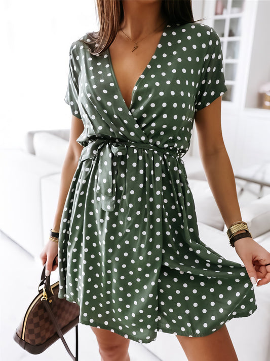 Mini Dresses - Polka Dot Short Sleeve V Neck Mini Dress - MsDressly