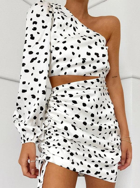 Polka Dot Slant Shoulder Fashion Drawstring Dress - MsDressly