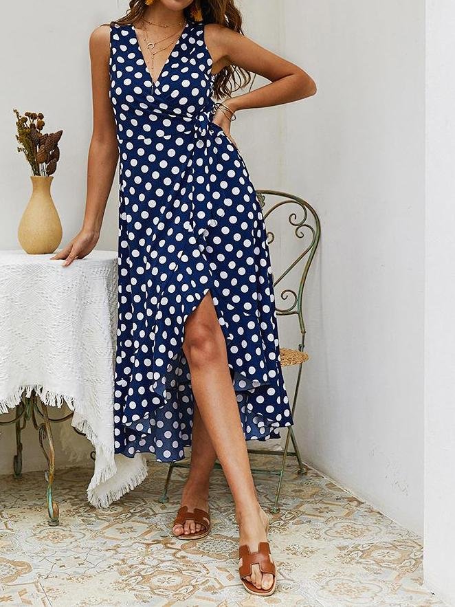 Polka Dot Sleeveless Ruffed Hem Summer Dress - Midi Dresses - INS | Online Fashion Free Shipping Clothing, Dresses, Tops, Shoes - 31/03/2021 - chiffon-dress - Color_Blue