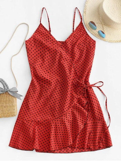 Polka Dot Spaghetti Strap Wrap Dress - INS | Online Fashion Free Shipping Clothing, Dresses, Tops, Shoes