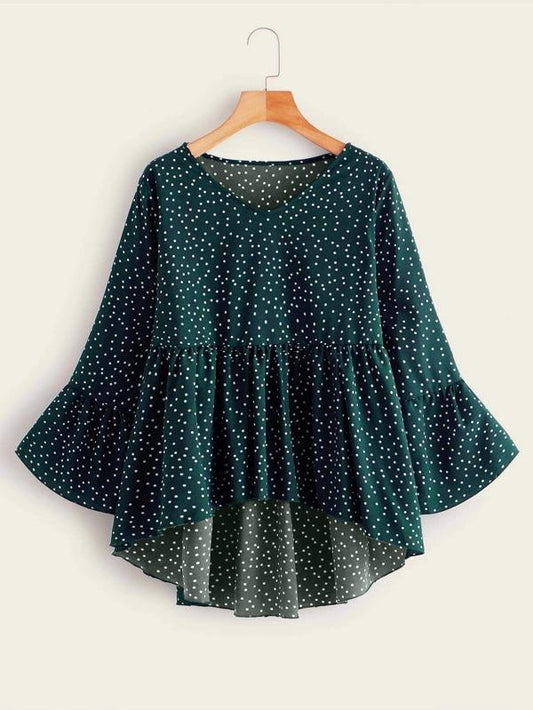 Polka Dot V Neck High Low Blouse - INS | Online Fashion Free Shipping Clothing, Dresses, Tops, Shoes