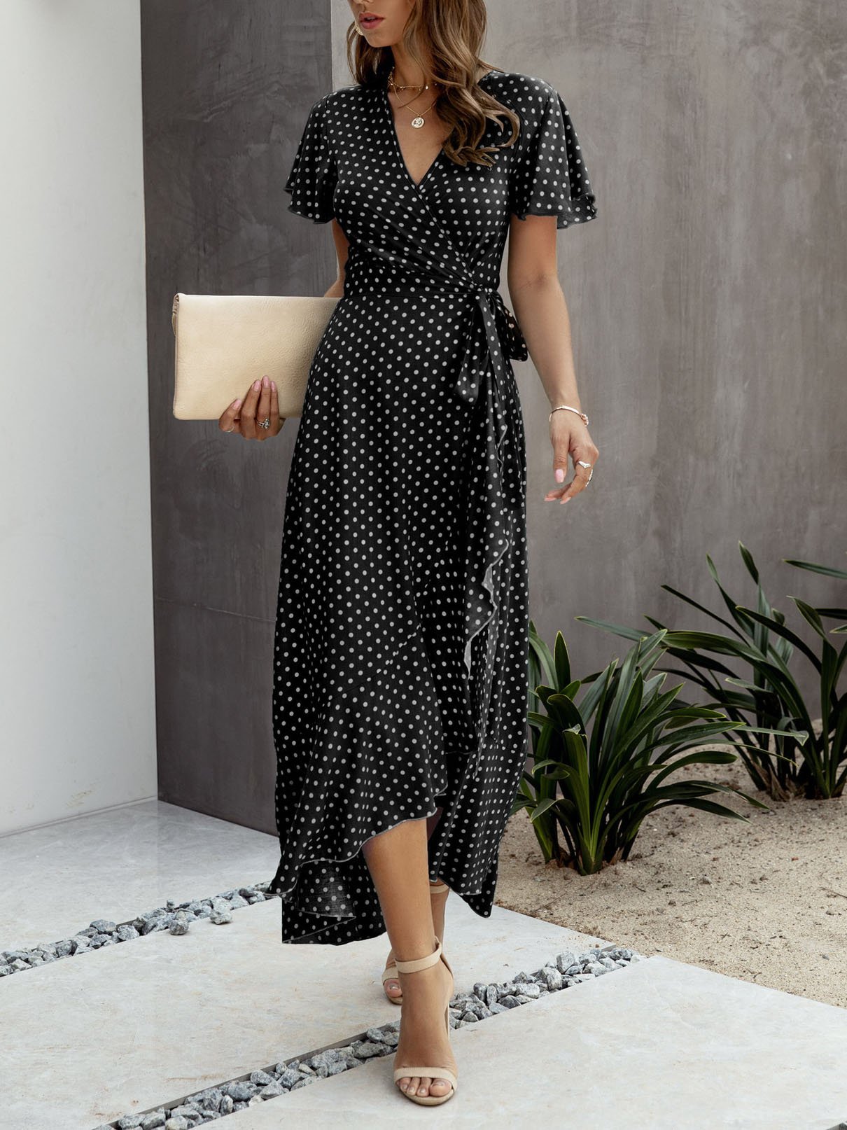 Polka-dot V-neck Ruffled Short-sleeved Princess Dress - Maxi Dresses - INS | Online Fashion Free Shipping Clothing, Dresses, Tops, Shoes - 20-30 - 23/07/2021 - color-black